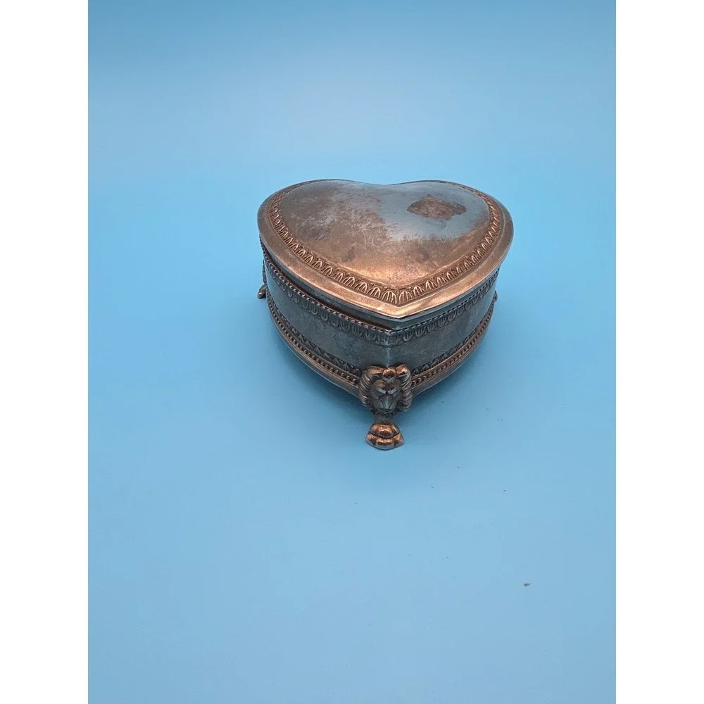 Vintage Silver Plate Jewelry Trinket Box Blue Velvet Lion Head 4